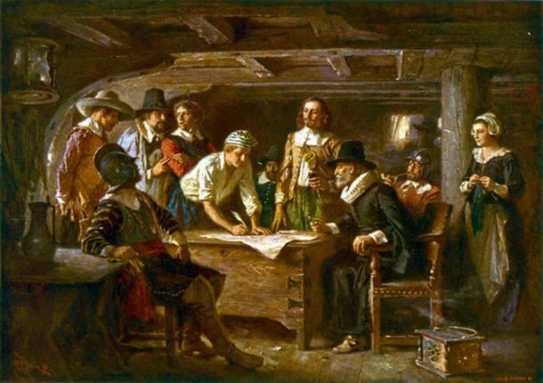 Signing the Mayflower Compact 1620, a painting by Jean Leon Gerome Ferris 1899.