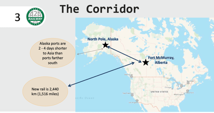 Rough map of corridor for proposed A2A Railway line from Alberta to Alaska