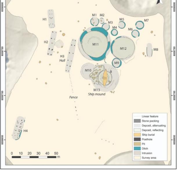 Combined interpretation map of the Gjellestad site based on the geophysical survey. (Source: © Kartverket/CC-BY-4.0; figure by L. Gustavsen / Antiquity Publications Ltd)