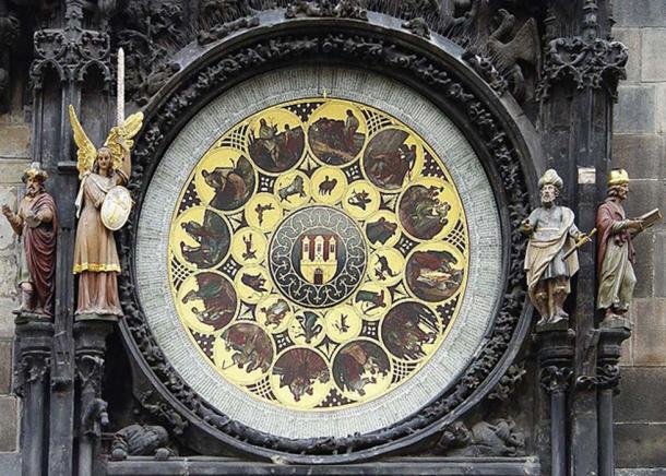Bottom – the calendar portion of the clock with a philosopher, a chronicler, an astronomer, and an angel. (CC BY SA 3.0)