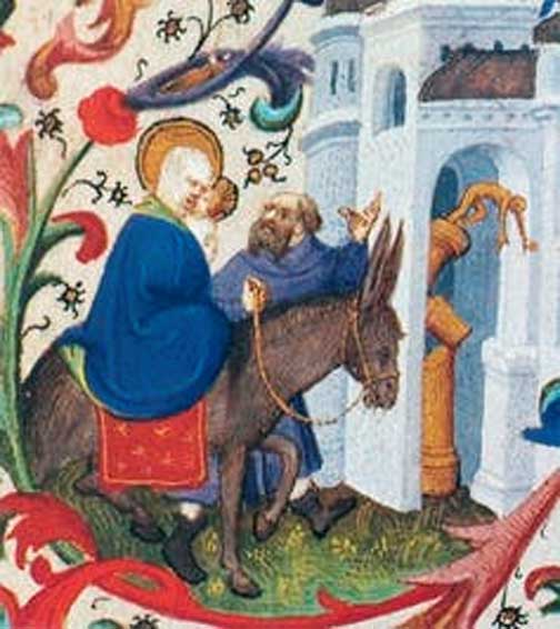 Mary arriving on a donkey. Toppling of the Pagan Idols (Flight into Egypt). Bedford Master 