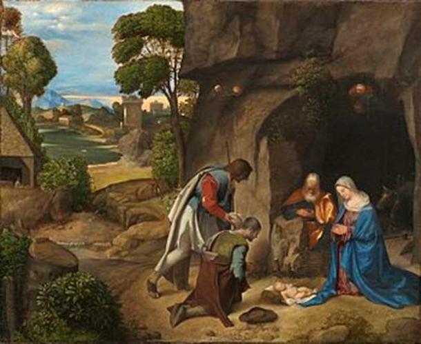 Did Mary give birth in a cave? Giorgione Adoration of the Shepherds, National Gallery of Art.