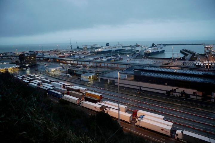 Trucks wait to board ferries at the Port of Dover, in Dover, England, on Feb. 1, 2020.