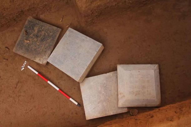 These are the tombstones which have been excavated from the ancient tomb and which bear the calligraphy of Yan Zhenqing. (Xinhua)