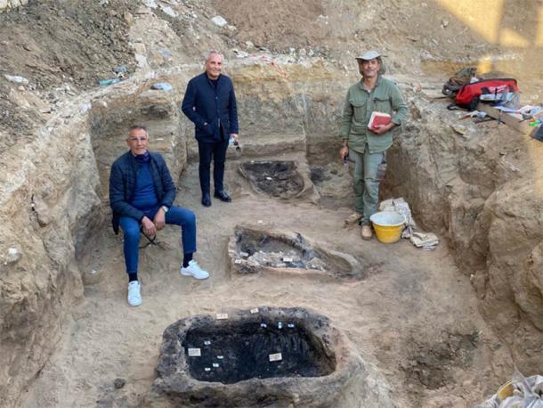 Archaeologists at the dig site on the island of Sicily where the Greek burial was discovered. (Superintendence of Caltanissetta)