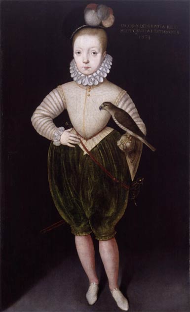 Left: King James I of England and VI of Scotland, seen here as a child, is portrayed by Sir Walter Scott as having a whipping boy in his book The Fortunes of Nigel. (Public domain).