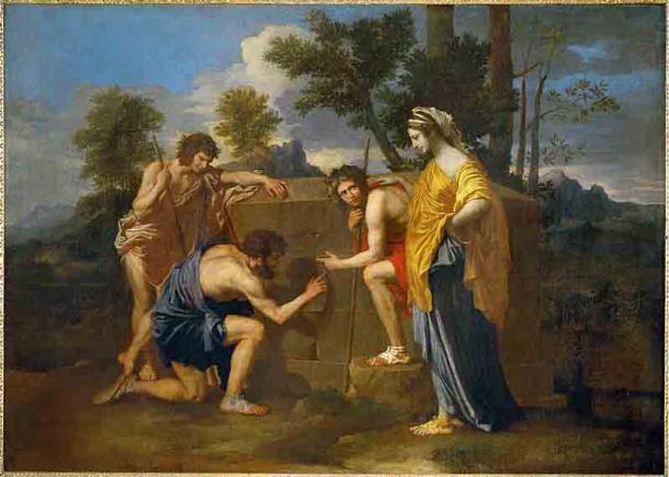 Placard coopted the phrase “Et in Arcadia Ego” which appears in the 1630s painting Archadian Shepherds for the Priory of Sion. (Public domain)
