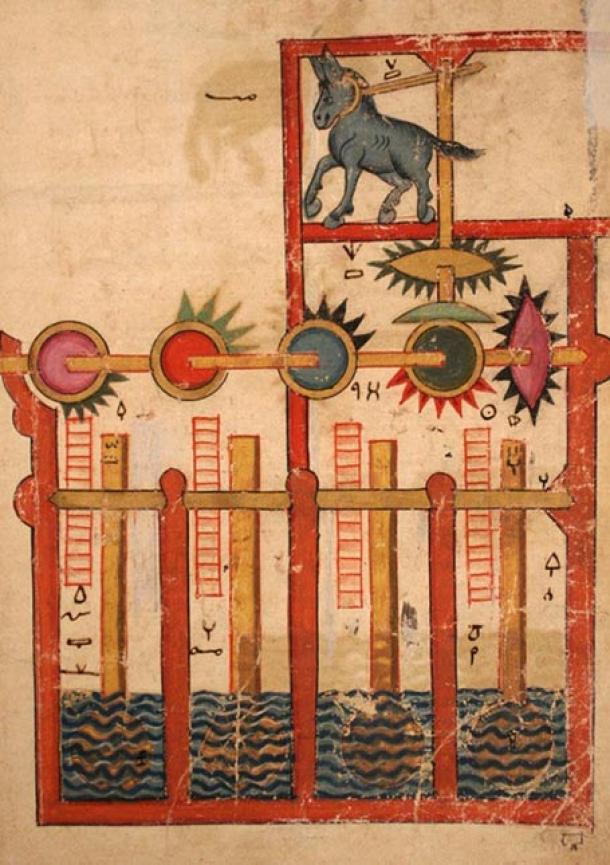 The stunning inventions included in the Book of Knowledge of Ingenious Mechanical Devices, are testament to the brilliant mind of Ismail al-Jazari. This one is a donkey-powered waterwheel.