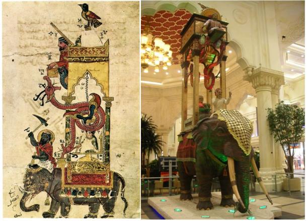 Left: The Elephant Clock from The Book of Knowledge of Ingenious Mechanical Devices by Ismail al-Jazari. (Public domain) Right: Reproduction of the elephant clock at the Ibn Battuta Mall in Dubai.