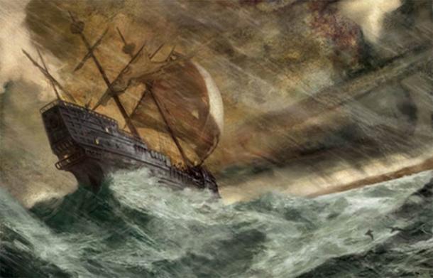 Artist’s depiction of an ancient ship in trouble. (Art by Jon Foster)