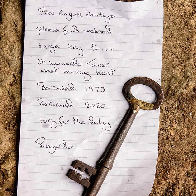 The ancient key was returned by St. Leonard’s Tower in West Malling, Kent, accompanied by an anonymous note. (Jim Holden / English Heritage)