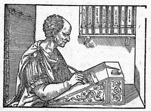 Cicero writing his letters. Woodcut by unknown artist; book printed by Hieronymus Scotus (1547) (Public Domain)