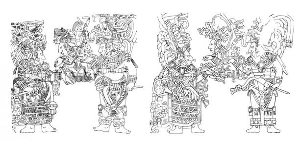 Two doorway supports, Lintels 13 and 14, placed side by side, from the ancient Maya archaeological site of Yaxchilan, Mexico. Looking between the two lintels reveals many animations, such as Lady Chak Chami being animated to tilt a bowl up towards the sajal (lord) Bird Jaguar IV. (Chinchilla Mazariegos: 2017)