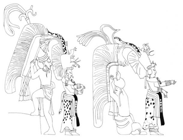 Details of a Bonampak mural section animating a lord to dress in two steps. The lord’s minimal movement, merely attending to the tying of his own wrist bands, accentuates the busy animation of his attendants, twirling around his person, dancing to tend all his robing needs. This comes from the Late Classic Bonampak mural, Structure 1, Room 1, north wall details. Animation extracted and adapted from fig. 133 in Miller and Brittenham (2013:78). (Jenny and Alex John / The Maya Gods of Time)