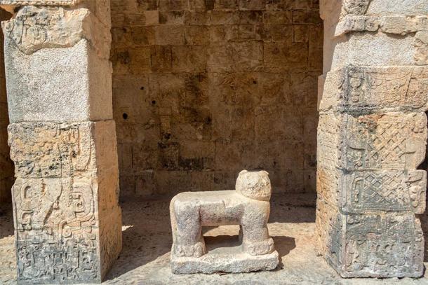 Eroded glyphs cover the surfaces of the Jaguar Temple at Chichen Itza. (jkraft5 / Adobe Stock)