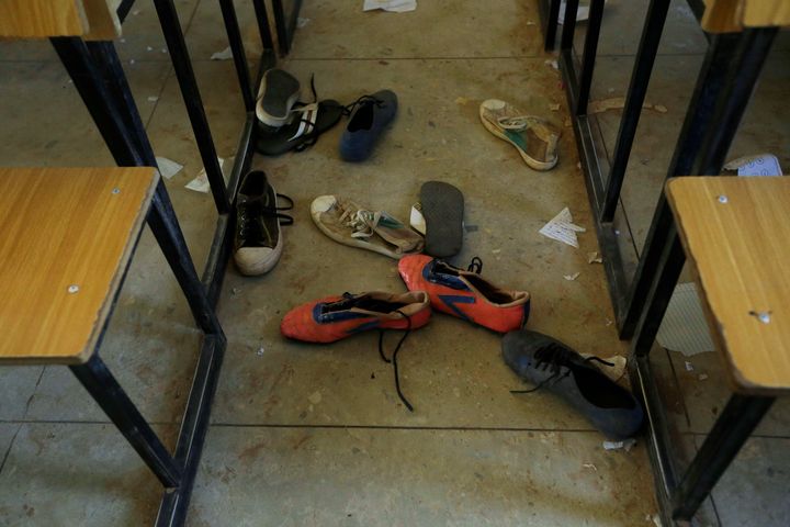 Shoes of the kidnapped students from Government Science Secondary School are seen inside a classroom in Kankara, Nigeria, on 