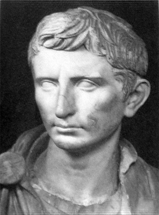 A reconstructed statue of Augustus as a younger Octavian, dated c. 30 BC (Public Domain) and a Roman bust of the consul and triumvir Mark Antony, Vatican Museums (Public Domain)