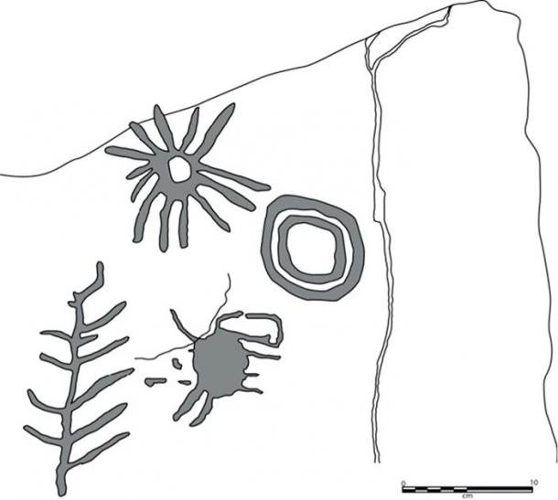 Drawing of the four hieroglyphs: The circular sign at the end indicates that this is a place name. (David Sabel)