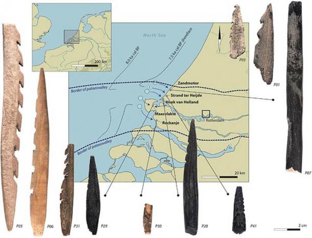 Graphic showing the bone arrowheads found on Dutch beaches believed to have come from sediment from the bottom of the North Sea. (Dekker et al. / JAS)