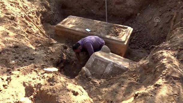 After being tipped off about suspicious activity, Turkish authorities conducted surveillance which led to the impressive discovery of an illegal dig which had unearthed the sarcophagi in Turkey. (Anadolu Ajansi)