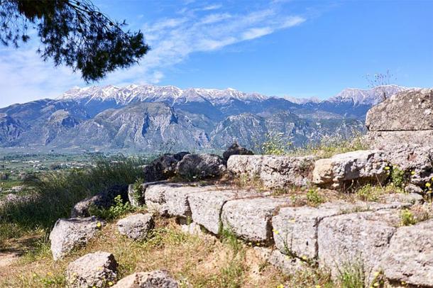 Archaeologists have used ancient texts to pinpoint the exact location of the Kaidas Cave, which has been identified in the slopes of Mount Taygetus, seen here in an image taken from the ruins of the Sanctuary of Menelaus and Helen in Sparta. (George E. Koronaios / CC0)