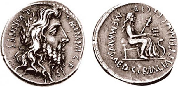 Denarius featuring the laureate, long-haired, and bearded head of Quirinus (Romulus). (Classical Numismatic Group, Inc./ CC BY SA 3.0 )