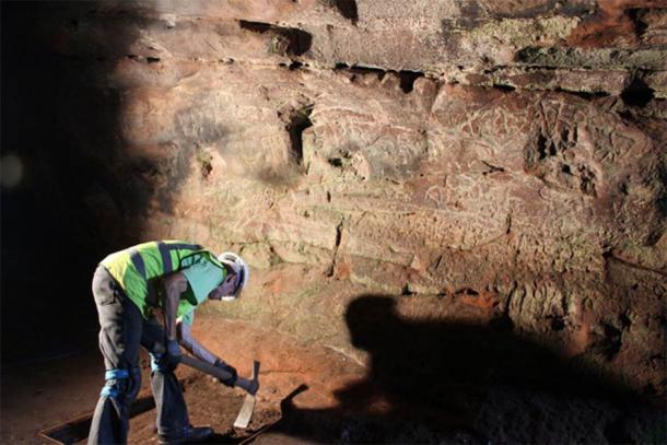 Court Cave is one of the best preserved of the Wemyss Caves. Legend has it that it was used as a court by one of the McDuff lairds. One of its walls, filled with Pictish symbols, can be seen here during excavations. (The Scape Trust)
