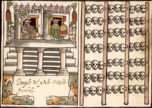 1587 illustration from the Codex Tovar. Left: A temple or pyramid surmounted by the images of two gods flanked by native Mexicans. Right: A tzompantli (Aztec skull rack)