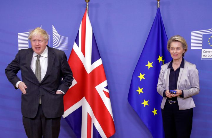 European Commission President Ursula von der Leyen (right) welcomes British Prime Minister Boris Johnson prior to a meeting a