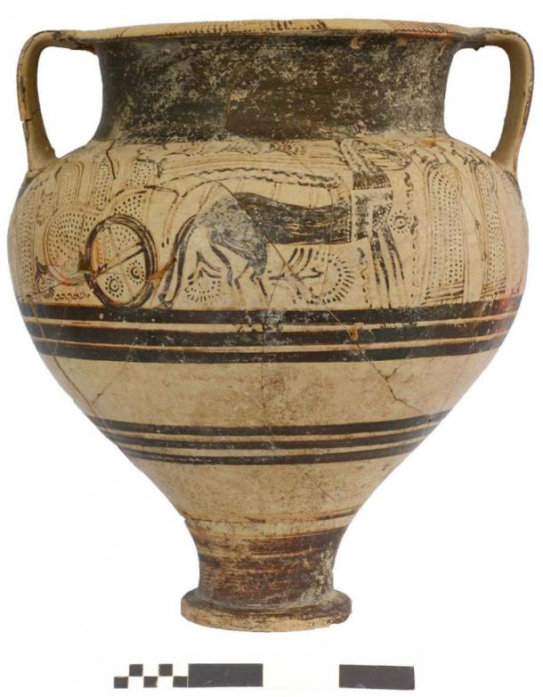 Vessel decorated with war chariots and armed men from Greece