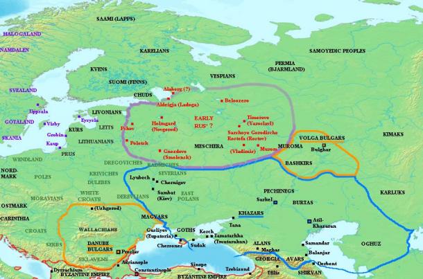Map showing the distribution of early Varangian settlement, mid-ninth century AD. Varangian settlements shown in red, other Scandinavian settlement in purple. Grey names indicate locations of Slavic tribes. Blue outlines indicate the extent of Khazar influence. (CC BY-SA 3.0)