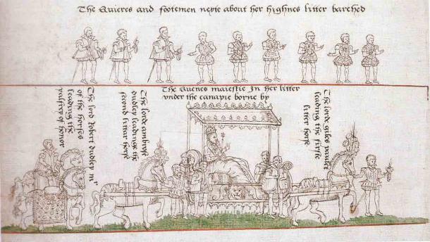 The coronation procession of Queen Elizabeth I of England, 1559 AD, with Robert Dudley in the rear, considered to be the highest position after the queen herself. (Public domain)
