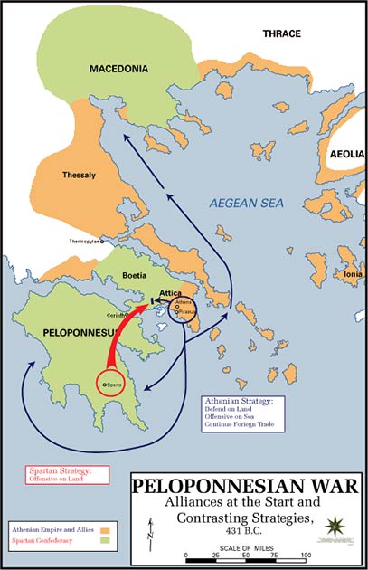 An overview of the Peloponnesian War with the orange areas showing the empire and allies of Athens and the green the Spartan Confederacy. (U.S. Army Cartographer, as amended by uploader to correct spelling mistake / Public domain)