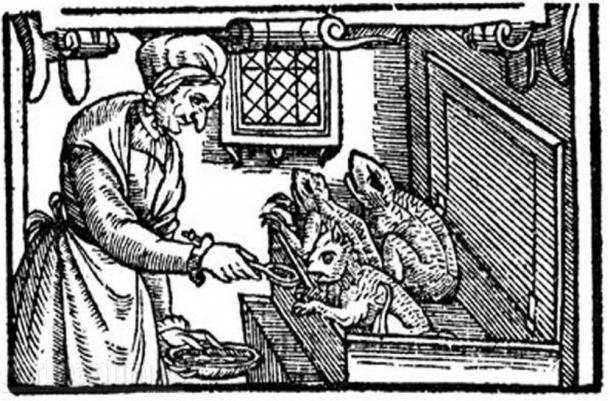A late-sixteenth-century illustration of a witch feeding her familiars from England. A number of historians believe that the familiar spirit is a pre-Christian idea.