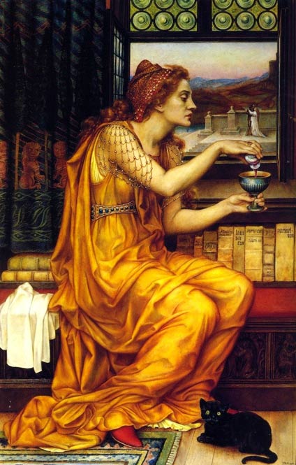 "The Love Potion" by Evelyn De Morgan: a witch with a black cat familiar at her feet.