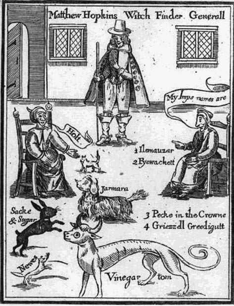 Frontispiece from the witch hunter Matthew Hopkins' The Discovery of Witches (1647), showing witches identifying their familiar spirits.