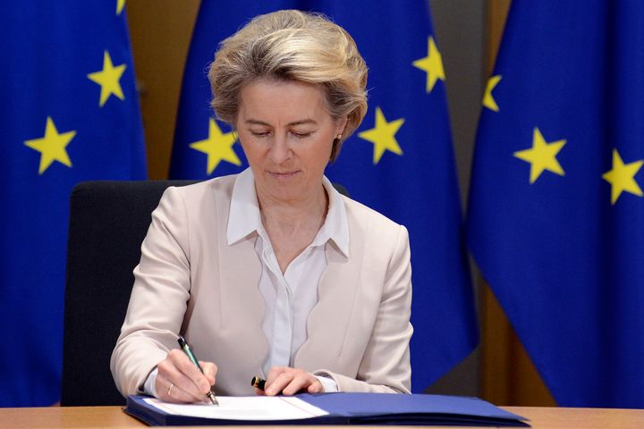 European Commission President Ursula von der Leyen signs the EU-UK Trade and Cooperation Agreement at the European Council he