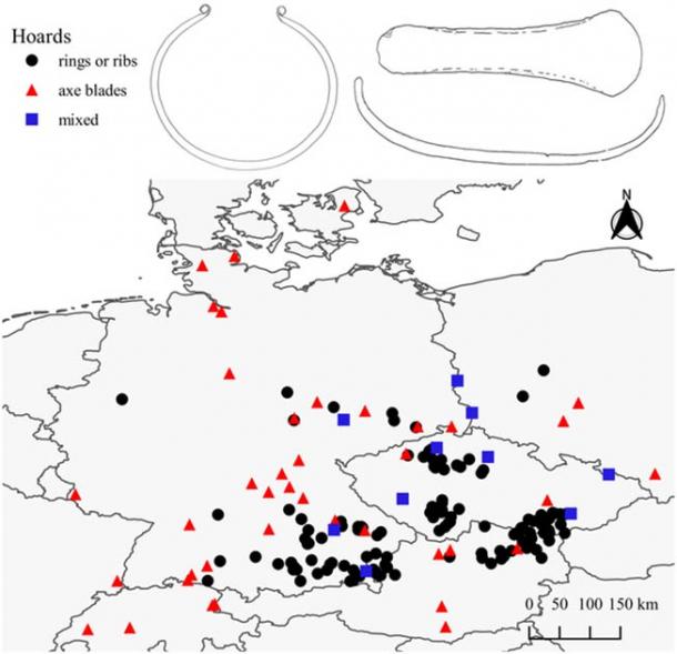 The locations in Central Europe where the hoards of “identical” Bronze Age ribs, rings, and axe blades were found. (CC-BY 4.0)