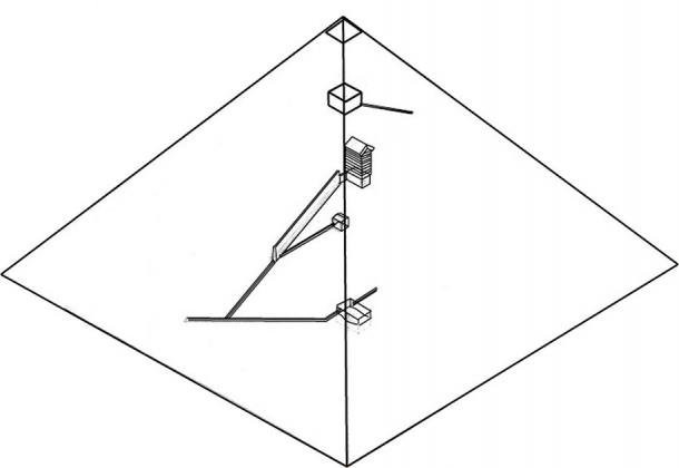 Proposed chamber system in Khufu’s pyramid (looking south-east) with a similar entrance high on the west side. (Illustration by author)