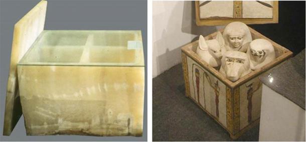 Left: The quadratic form of the shrine for the canopic jars might indicate that each son of Horus resided over a quadrant of directions. Canopic chest of Hetepheres, wife of Seneferu (Khufu’s father), Giza, 4th dynasty. Egyptian Museum, Cairo. (Aidan Dodson / University of Bristol)