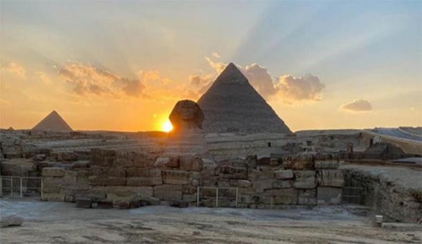 Egyptian Ministry of Antiquities photo showing the sun set along Khafre’s pyramid at equinox. (Ministry of Antiquities)