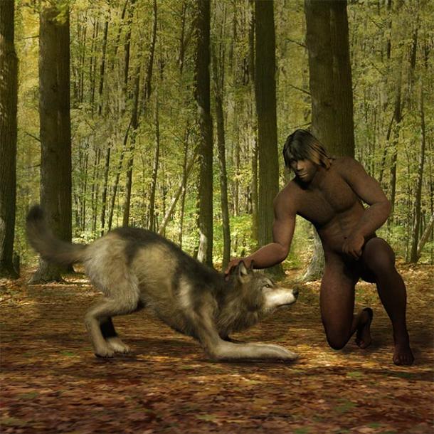 Primeval man taming a wolf. (crimson / Adobe Stock)