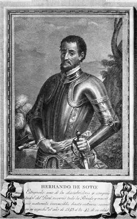 A portrait of Hernando de Soto who travelled across Florida and Alabama. (Grabado de Juan Brunetti por dibujo de José Maea / Public domain)