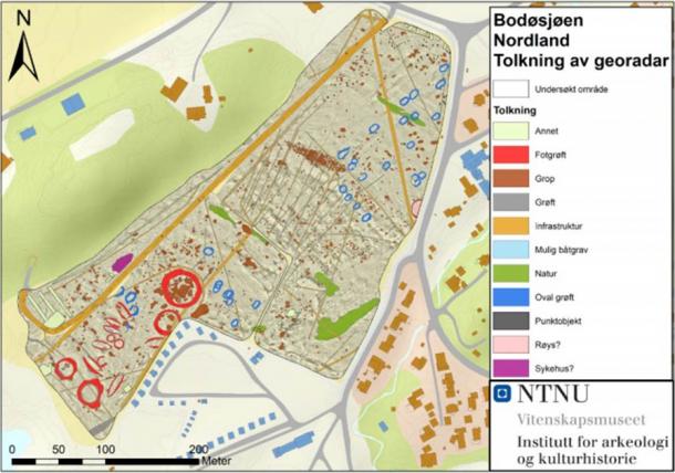 An interpretation of the georadar data from the snow-covered fields of Bodøsjøen in Norway, showing the burial mounds and other remains. (NTNU University Museum)