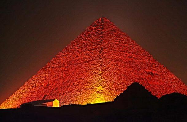 The Great Pyramid of Giza at night.