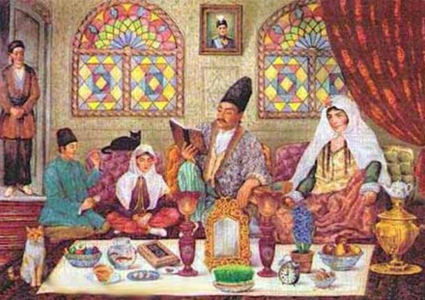 A painting representing a Qajar family gathering for Nowruz, and sitting around the Haft-Sin and probably reading Hafez.