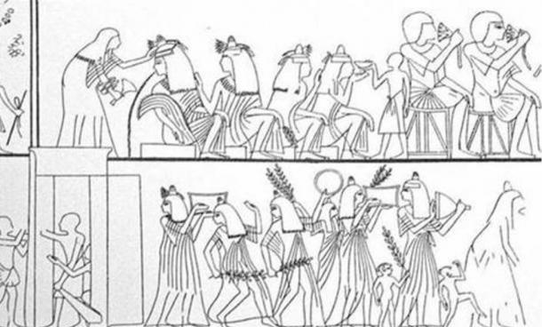 A drawing based on an ancient Egyptian wall painting shows a drinking festival in progress.