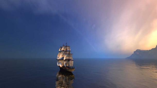 Sailing ship in the vast ocean at dusk (Carlos / Fotolia)