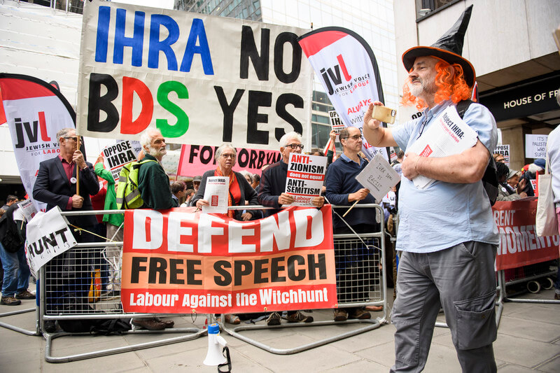 Pro-Jeremy Corbyn protestors gather outside Labour Party headquarters ahead of a National Executive Committee meeting on whether to adopt, in full, the IHRA (International Holocaust Remembrance Alliance) definition of antisemitism. (Photo credit: Ben Cawthra/Sipa USA)