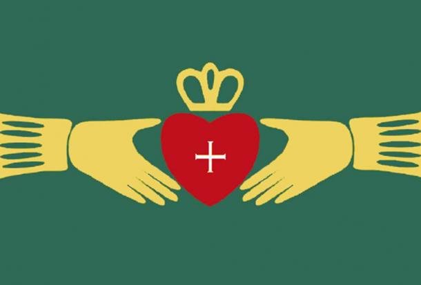 The design of a traditional Irish Claddagh ring symbol on a banner.